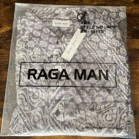 RAGA Other - Raga Man Steven Button Down SS, Boho Style Shirt, Gray and Cream. Large. NWT!